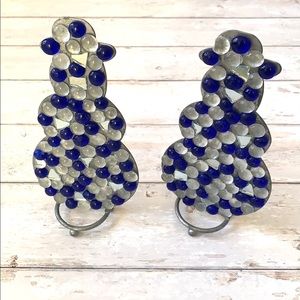 Metal Snowmen Pebble Rock Book Ends Christmas Decor Set of 2 Blue 9.5in Tall
